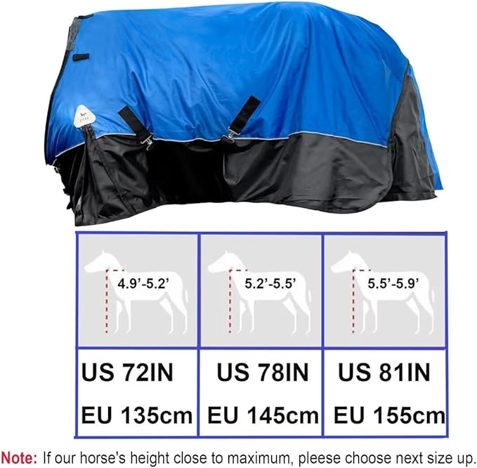 Turnout Blanket for Horses, Waterproof Thickened Horse Sheet with Detachable Neck Cover,1600D Nylon Outer, 400g Heavy Weight Filling, Blue (US 81IN(EU 155cm))