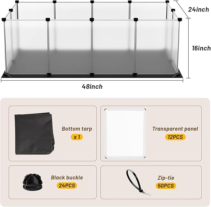 Tresbro Guinea Pig Cage with Waterproof Mat & 12 Transparent Panels, Bunny Enclosure and Indoor Guinea Pig Playpen 48''L x 24''W x 16''H, Small Animal Playpen for Hamster, Hedgehog, Kitten, Rabbit