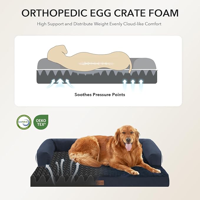 Orthopedic Dog Beds for Large Sized Dogs, Waterproof Egg Crate Foam Large Dog Couch Beds with Comfy Bolster 36x27Inch, Washable Pet Beds with Removable Cover and Nonskid Bottom, Navy Blue