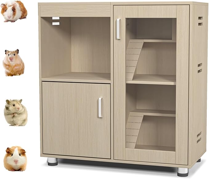 Wooden Hamster Cage with Climbing Ladders, Spacious Storage, Acrylic Windows, and Openable Top for Small Pets, Ideal for Hamsters, Guinea Pigs, and Gerbils - 33.5" H x 31.5" W x 15.75" D