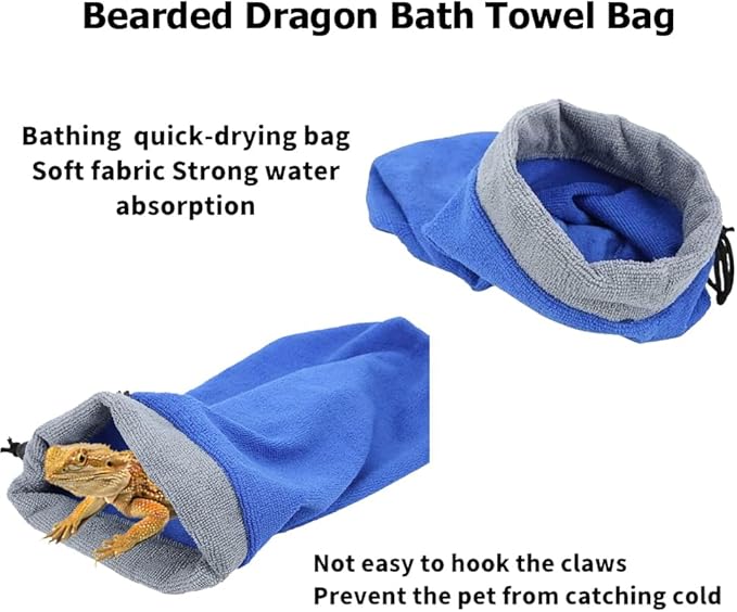 Bearded Dragon Bathing Essentials Kit - Fast Drying Absorbent Towel Bag & 2PC Reptile Brushes Comprehensive Accessories for Gecko, Lizard, Leopard Gecko (Grey)