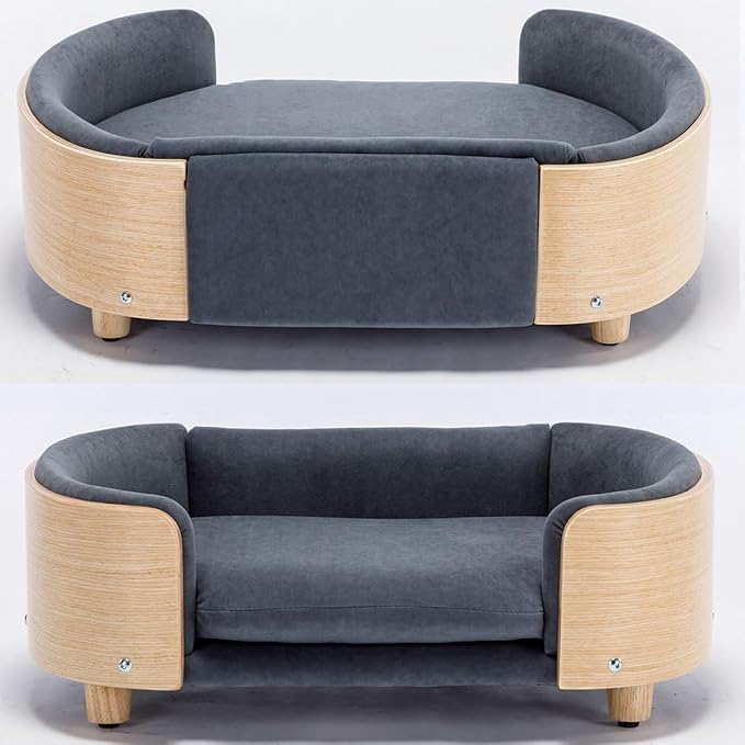 Elevated Dog Bed Pet Sofa with Solid Wood Legs and Bent Soft Backrest, Pet Cat Stool Bed with Velvet Cushion,for Small and Medium Size Dogs Kitten, Mid Size