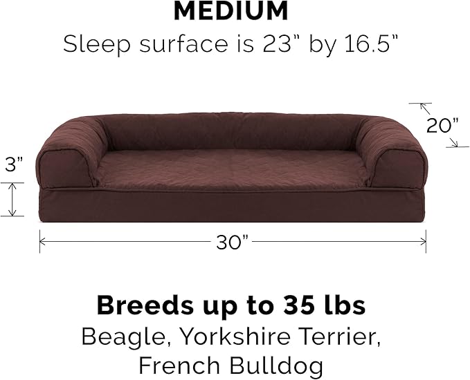 FurHaven Soft, Orthopedic Foam Sofa Dog Bed with Washable & Removable Cover - Quilted - Coffee, Dogs Up to 35 lbs - Medium