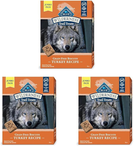 Blue Buffalo Wilderness Trail Treats Crunchy Dog Biscuits Grain-Free and High-Protein Dog Treats, Turkey Recipe 36-oz Box (Pack of 3)