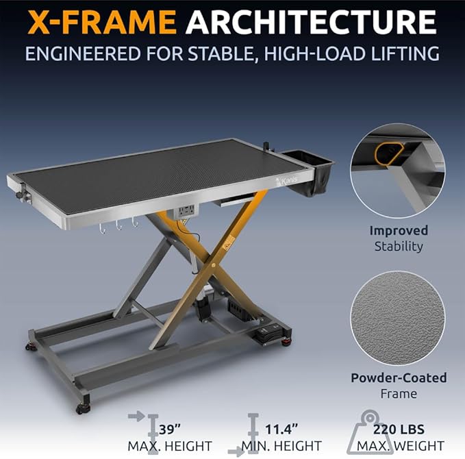 KANIS Professional Electric Dog Grooming Table - Heavy Duty, Height Adjustable Pet Grooming Table w/Leveling Wheels, Dog Grooming Arm, Anti-Slip Tabletop & Tool Organizer (Grey, 60")