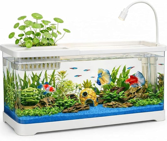 5 Gallon Fish Tank Aquarium Starter Kit with USB LED Light & Quiet Filter, Large Desktop Betta Tank with Decorations, Starter Aquarium for Home Office(Large White)