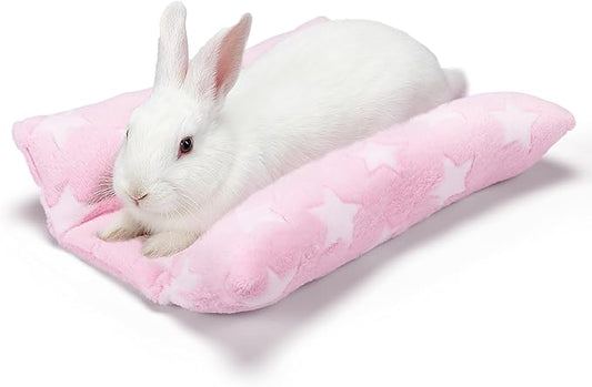 MEWTOGO 15.7" x 14" Bunny Bed for Rabbit Cage - Thickened Soft Prevent Sore Hocks Plush Mat with Cotton Lounger Pillows, Small Animal Flop Mat for Hutch Sleeping Indoor, Pink-Star