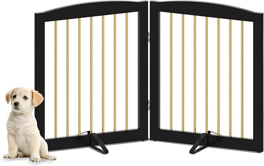 PUPETPO Freestanding Pet Gate for Dogs, Foldable Wooden Dog Gate for House, Stairs, Doorways, Step Over Pet Puppy Safety Fence,Support Feet Included,24" Height 2 Panels, Black&Gold