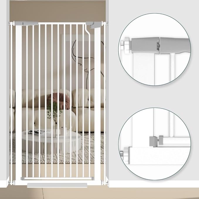 51.18" Tall Extra Tall Pet Gate Dog Door, Auto Close Safety Gates for Kitchen Living Room Doorways Hallway,Indoor Pet Gates for Dogs or Cats(Black) (White, 29.6-40.5")