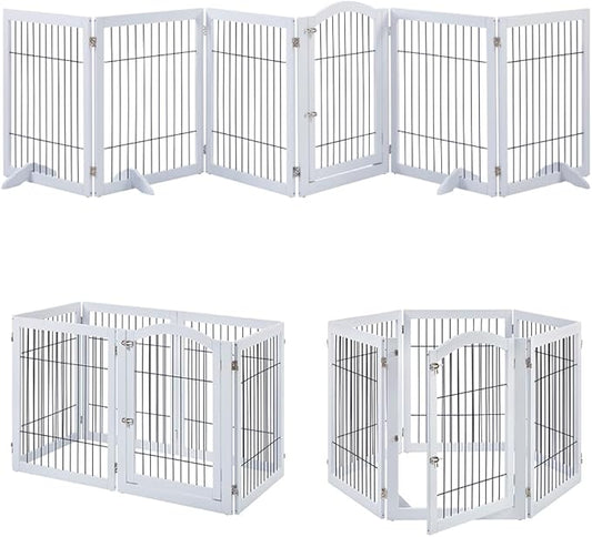 unipaws 144" Extra Wide Dog Gate and Pet Playpen, Free Standing Tall Dog Fence with Walk Through Door, Barriers for Home, Use as Indoor Dogs Cats Pen, Rabbit Pen, White