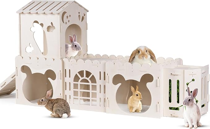 Extra Large Rabbit House, Wooden Bunny Castles with 4 Houses and Hay Feeder, Indoor Guinea Pig Castles Multistory Climbing Tower, Sturdy Wooden Bunny Cage Indoor, Small Animal Pet Rabbit Habitat
