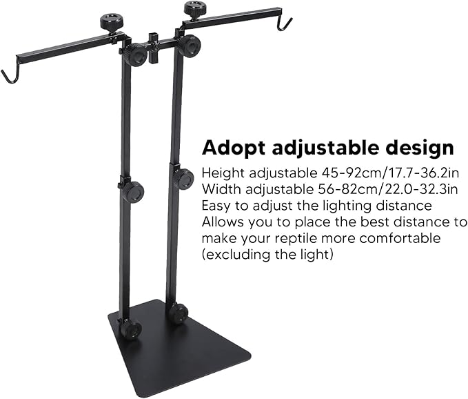 Reptile Lamp Stand, Metal Adjustable Double Hook Light Stand Reptile Lamp Fixture Base with Heavy Base for Terrarium Tank Amphibians