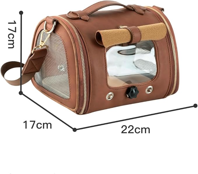 Bird Handbag with Plastic Tray, Brown Portable Parrot and Bird Travel Handbag, Suitable for Small Pets Such as Hamsters, 22x17x17cm, with mesh Window, Shoulder Strap and Standing Wooden Stick