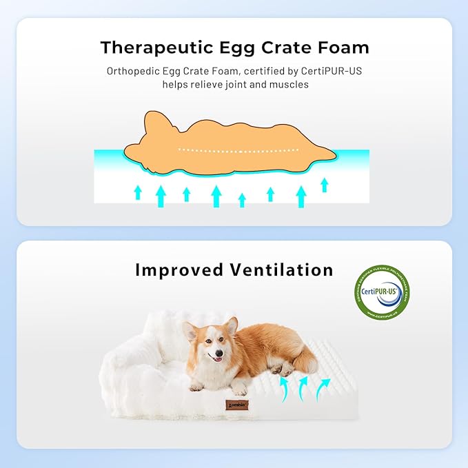 ZOMISIA Small Dog Sofa - Orthopedic Cat Sofa Bed for Indoor Cats, Fluffy Faux Fur Dog Couch with Supportive Egg Foam, Cute Pet Couch Bed Removable Washable Cover and Non-Slip Bottom, Ivory White