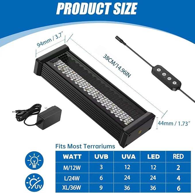 Reptile UVB Light Heater Lamp, 15inch Aluminum UVA UVB LEDfor Rainforest and Desert Reptiles, Geckos, Chameleons and Bearded Dragons, Adjustable 6/10/12H Timer, Dimmable with 3 Lighting Modes