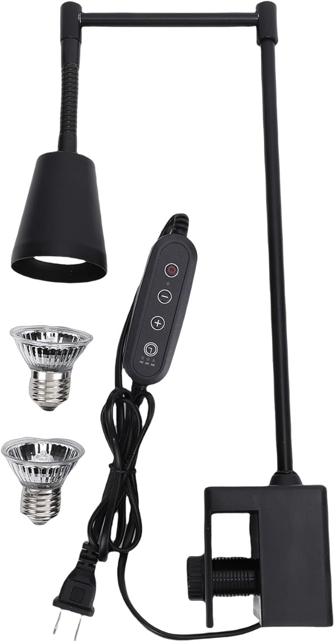 Reptile Heat Lamps, 360 Rotatable Clamp on Dimmable UVA UVB Basking Spot Light Simulated Sunlight with Timing and 2Pcs E27 Bulbs for Aquarium Lizard Turtle Amphibians (US Plug)