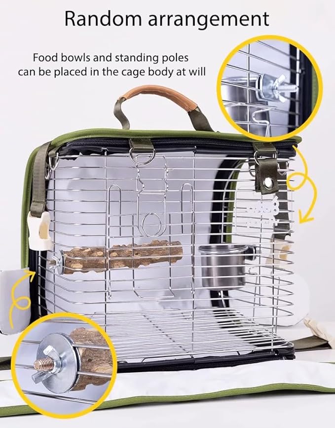 Portable Bird Travel Cage Backpack – Durable Stainless Steel Mesh Carrier with Stand/Tray, for Parrots, Cockatiels, Conures, and Parakeets – Perfect for Outdoor Adventures (Orange)