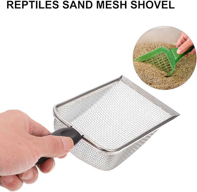 POPETPOP Stainless Steel Reptile Sand Shovel with Fine Mesh Sifter 10.62In Ergonomic Handle for Tortoise Lizard Snake Bedding and Terrarium Substrate Cleaning