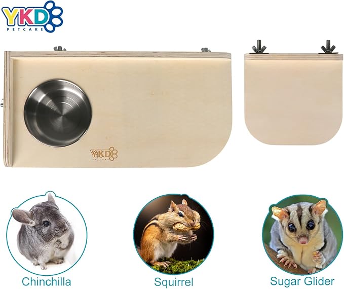 YKD Natural Wood Chinchilla Platform Set, Pet Cage Platform with Feeding Bowl, Small Animals Cage Accessories for Chinchillas, Squirrels, Gerbils, Sugar Gliders, Hamsters, Mice, Rats, Parrots