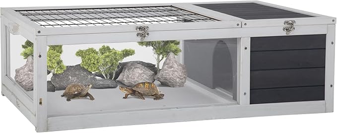 Tortoise Habitat, Large Wooden Box Turtle Enclosure with Removable Tray, Indoor Outdoor Tortoise House Reptile Cage for Small Animals,Easy to Assemble
