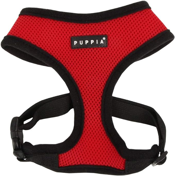 Puppia Soft Dog Harness No Choke Over-The-Head Triple Layered Breathable Mesh Adjustable Chest Belt and Quick-Release Buckle, Red, Large