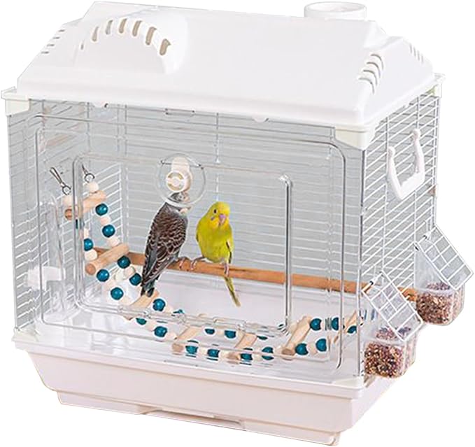 Small Bird Cage, 40x28x43cm Iron Wire Lightweight Parakeet Carrier in White, Gray with Wooden Perch, Ladder, Food Box, Kettle for Cockatiel, Lovebird, Conure