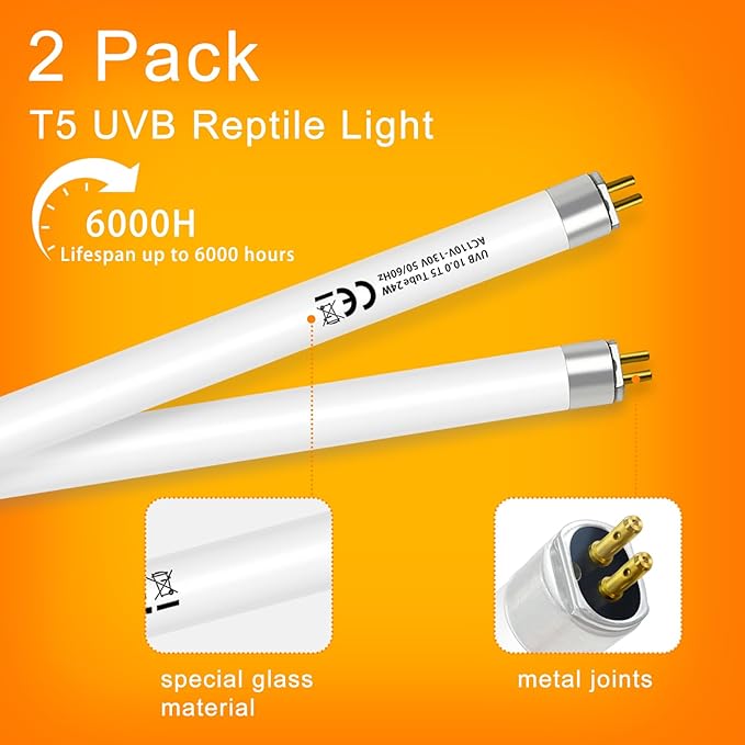 T5 10.0 UVB Light Bulb for Reptiles, 24W HO UVB Reptile Lamp Bulb, 2 Pack 22 Inch UVA UVB Fluorescent Lamp Tube for Bearded Dragon Leopard Gecko Tortoise Lizards