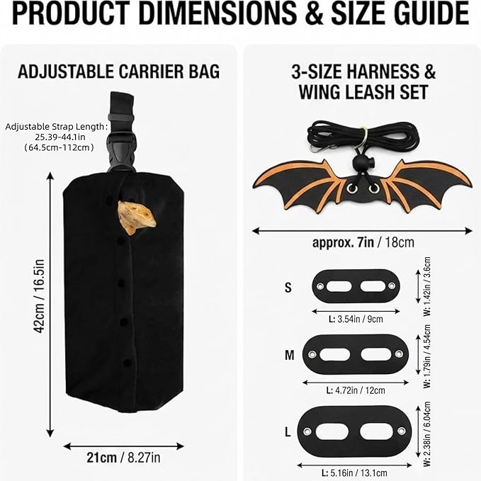 Bearded Dragon Carrier Sling & Leash Harness Set, Adjustable Flannel Lizard Travel Bag & Bat Wing Leash with 3 Size Pads, Reptile Outdoor Walking Accessories for Geckos (Black)