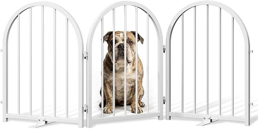 PUPETPO Full Metal Dog Gate for Indoor Outdoor, 24" Tall Free Standing Pet Dog Fence, 54" Wide Arched Pet Gates for Stairs, Hallways, Doorways, Kitchen, Decks, Yards (White, 3 Panels)
