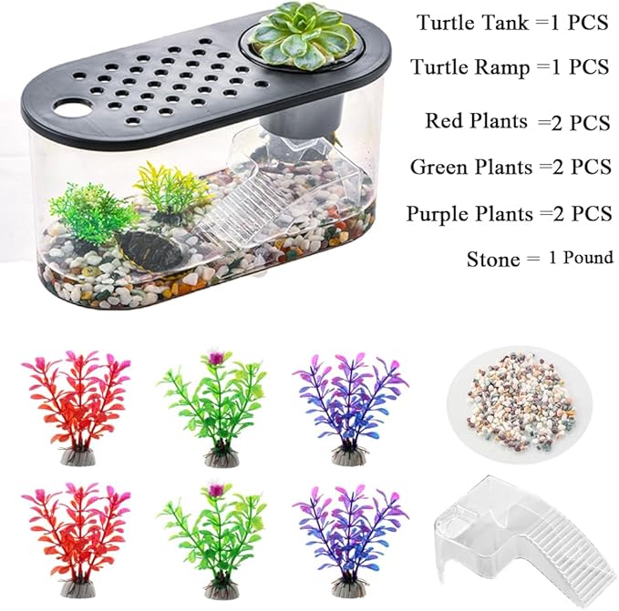 Small Turtle Tank Kit, Reptile Aquarium with Basking Platform, Decor Stones & Water Grass – Habitat for Turtles, Hermit Crabs, Fish – Ideal for Home or Office (12" x 6" x 12")
