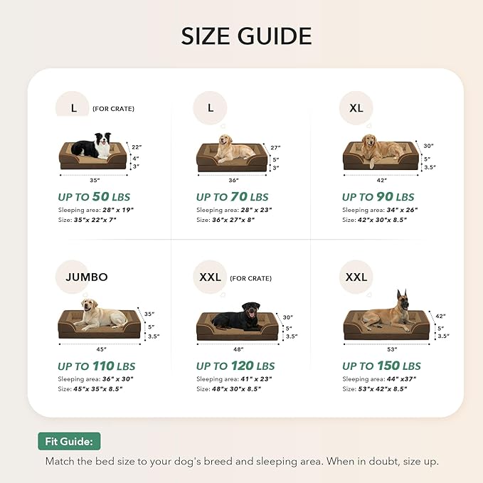Orthopedic Dog Beds for Extra Large Sized Dogs, Waterproof Memory Foam XL Pet Bed with Sides 42x30Inch, Non-Slip and Egg-Crate Foam Big Dog Couch Bed with Removable Washable Cover, Brown