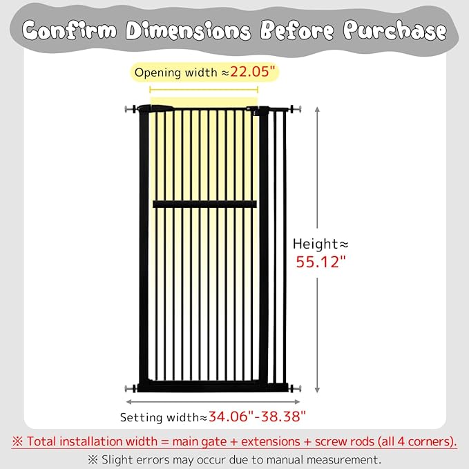 Lumizone Extra Tall Pet Gate 55.12" High Pressure Mounted 30.12"-38.38" Extra Wide (9 Sizes) 1.37" Gap for Cat Dog Stairs Doorway Hallway No Drilling Auto-Close (30.12"-38.38" W, Black)