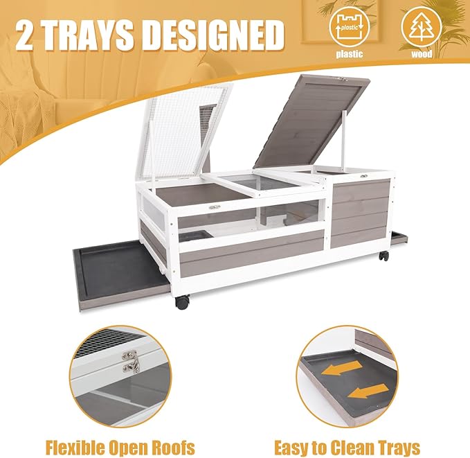 Ketive Tortoise Habitat Large Wooden Tortoise House Indoor & Outdoor, Reptile Cage for Small Animals-Leakproof Tray (Grey, 77" L x 23" W x 14.5" H)