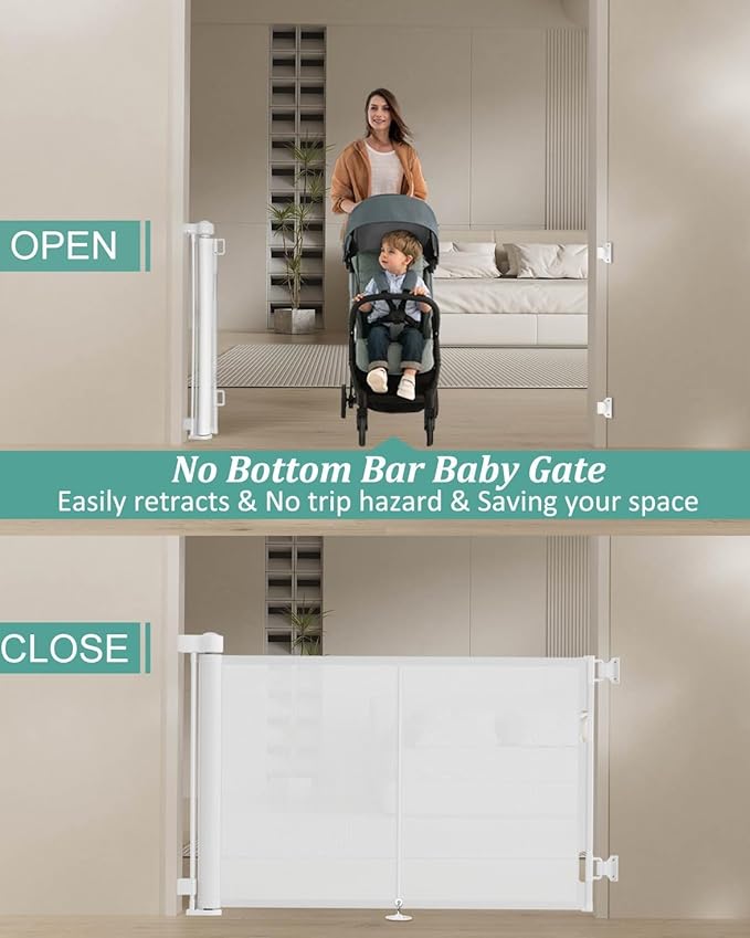 Miumoon 50 inch Retractable Baby Gates 42 inch Tall, Retractable Gate with Reinforced Strip Design to Prevent Crawling Through, Retractable Dog Gate for Stairs, Doorways, Hallways