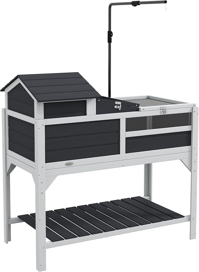 PawHut Tortoise Habitat with Adjustable Lamp Holder, 2 Layer Tortoise Enclosure with Storage Shelf, Removable Main House, Fixed Tray, Openable Lid, Gray