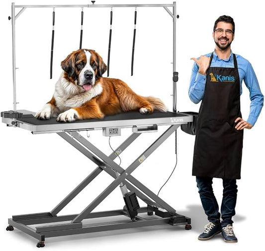 KANIS Professional Electric Dog Grooming Table - Heavy Duty, Height Adjustable Pet Grooming Table w/Leveling Wheels, Dog Grooming Arm, Anti-Slip Tabletop & Tool Organizer (Grey, 60")