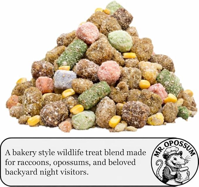 Midnight Munch™ Raccoon and Opossum Food Wildlife Treat Blend Multi Protein Backyard Wildlife Feeding Mix with Beef Lamb Chicken Salmon Corn Peanut Butter Puffs & Marshmallows (9 lb Pail)