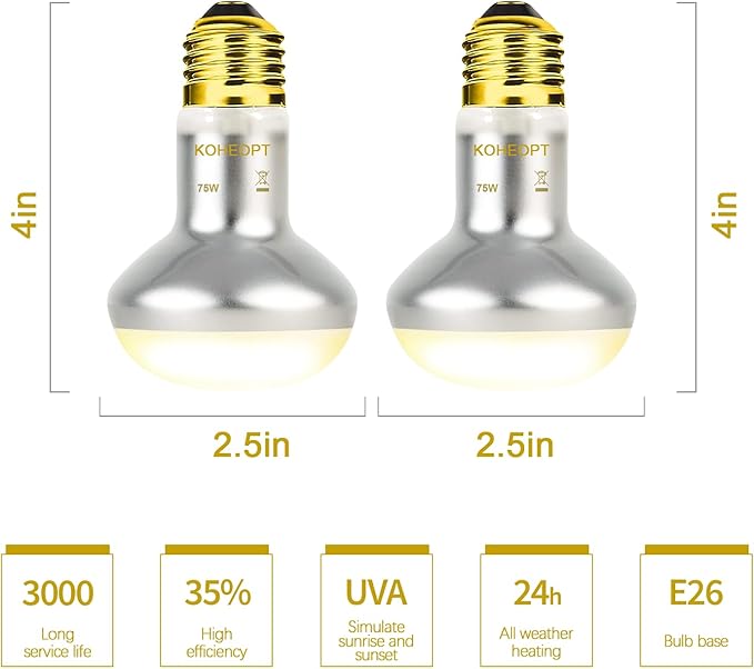 Reptile Heat Lamp 75W,(2 Pack) Heat Emitter UVA Heat Lamp Bulb,Intense Basking Spot Simulated Natural Sunlight Heating Lamp Bulb,Fit E26 Pet Lighting fixtures,for Bearded Dragon, Lizard