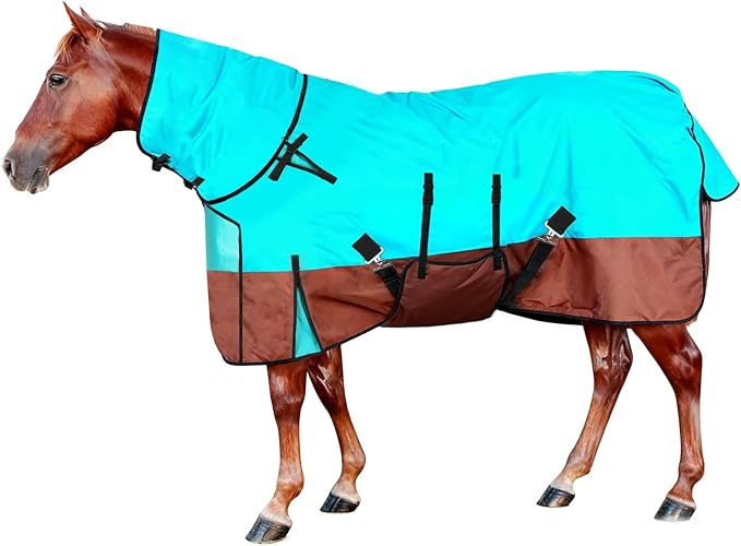 72" Waterproof Breathable Horse Blanket (No Fill), 600D Oxford Cloth Winter Turnout Rain Sheet with Removable Neck Cover, Windproof Tail Flap and Belly Wrap, Suitable for Stables, Pastures, Paddock