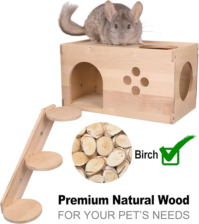 YKD Chinchilla Wooden House with Ladder - Small Animal Hideout for Squirrel or Sugar Gliders - Ventilated Wooden Chinchilla Hut Hideout with Multiple Doors