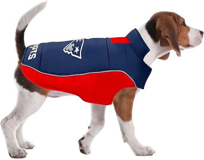 NFL New England Patriots Puffer Vest for Dogs & Cats, Size Small. Warm, Cozy, and Waterproof Dog Coat, for Small and Large Dogs/Cats. Best NFL Licensed PET Warming Sports Jacket