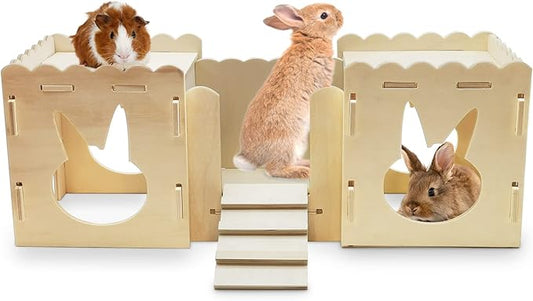 Fhiny Wooden Rabbit Castle, Small Animals Large Tunnel with Bridge Detachable Bunny Fort Hideout Rest and Playhouse with Windows for Rabbits Guinea Pigs Chinchilas Kittens