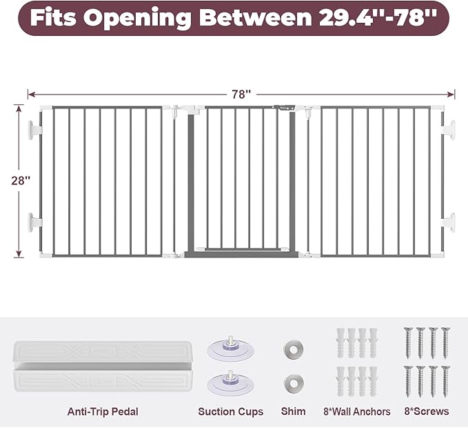 78" Extra Wide Baby Gate, Dog Gates Indoor for Doorways Stairs, Essential Safety Gate for Child, Hardware Mounted Adjustable Pet Gate with Anti-Trip Pedal, 28'' Tall 3 Metal Panels Grey