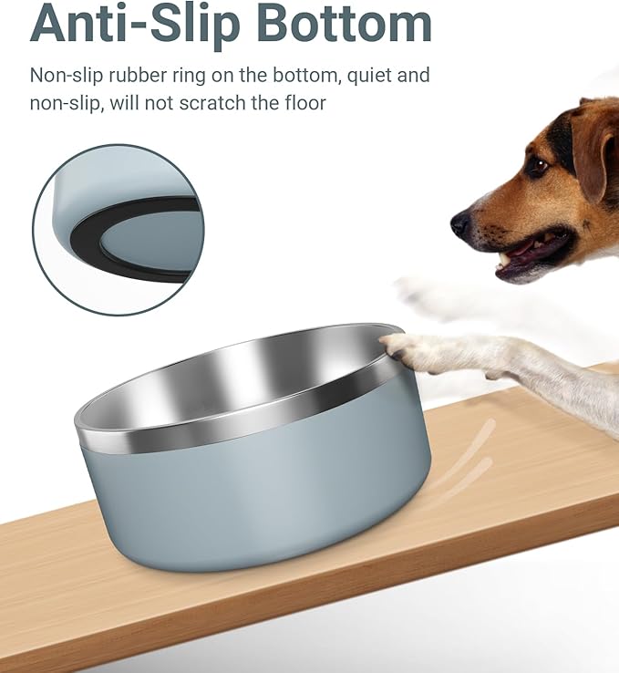 WENBOKMIN Dog Bowl, Stainless Steel Dog Food and Water Bowl with Non Slip Quiet Bottom, Easy to Clean, Dishwasher Safe, 64oz, Light Grey