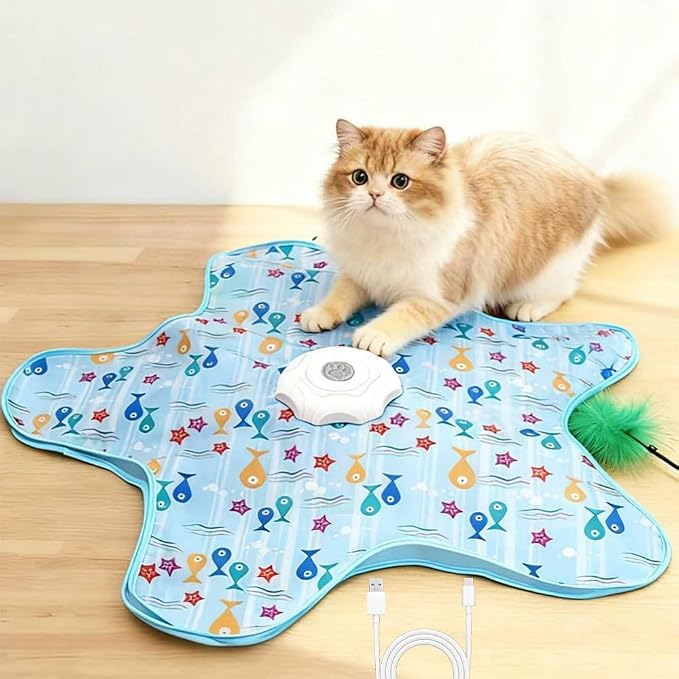 Rechargeable Automatic Cat Toy, 3-Mode Touch-Activated Interactive Toy with Random Motion, Concealed Feather & Squeaky Sound for Indoor Cats & Kittens (Blue) by Unknown