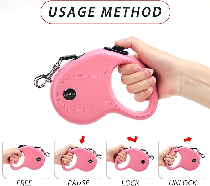 enrgticdg 16Ft Retractable Dog Leash,Light Weight Leash for Small to Medium Dogs/Cats Up to 50lbs,Stainless Steel Spring Strong Nylon Tape, Tangle Free, One-Handed Brake.(Pink)