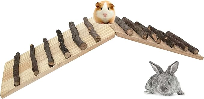 kathson Rabbits Wood Bridge Guinea Pig Climbing Ladder Natural Ramp Ladder Rat Toy Cage Habitat Accessories for Bunny Hamsters Gerbils Mice Mouse Chinchilla Hedgehog Small Animal