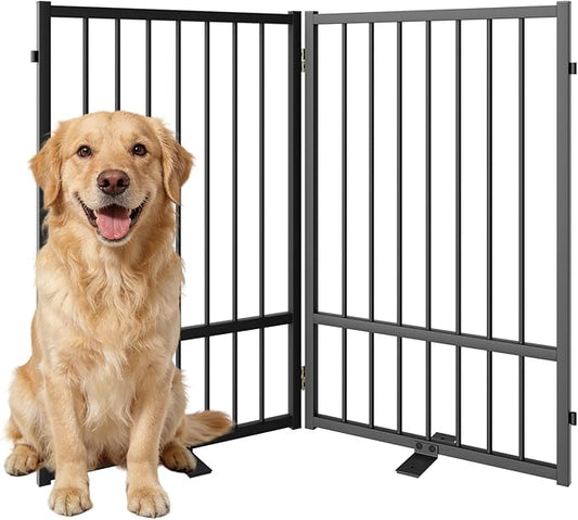 SNUOWU Full Metal Freestanding Dog Gate with Door, 32''Height Foldable Pet Dog Fence for Indoor & Outdoor, 2 Panels Extra Wide Free Standing TallDog Gates for Doorways,House,Stairs,Porch,Deck,Yard
