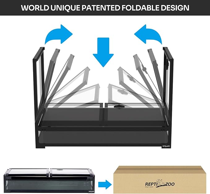 REPTI ZOO Collapsible 120 Gallon Reptile Tank, Tempered Glass Large Reptile Terrarium 48"x24"x24", Black PVC Back, Front & Top Ventilation & Anti Escape Lid, Easy Folding