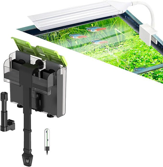 8W LED Aquarium Light Full Spectrum Clip Fish Tank Light Plants Light 360° Adjustable 2 Light Bar+4 in 1 Double Waterfall U-V Fish Tank Filter for Green Water & Algae Clean